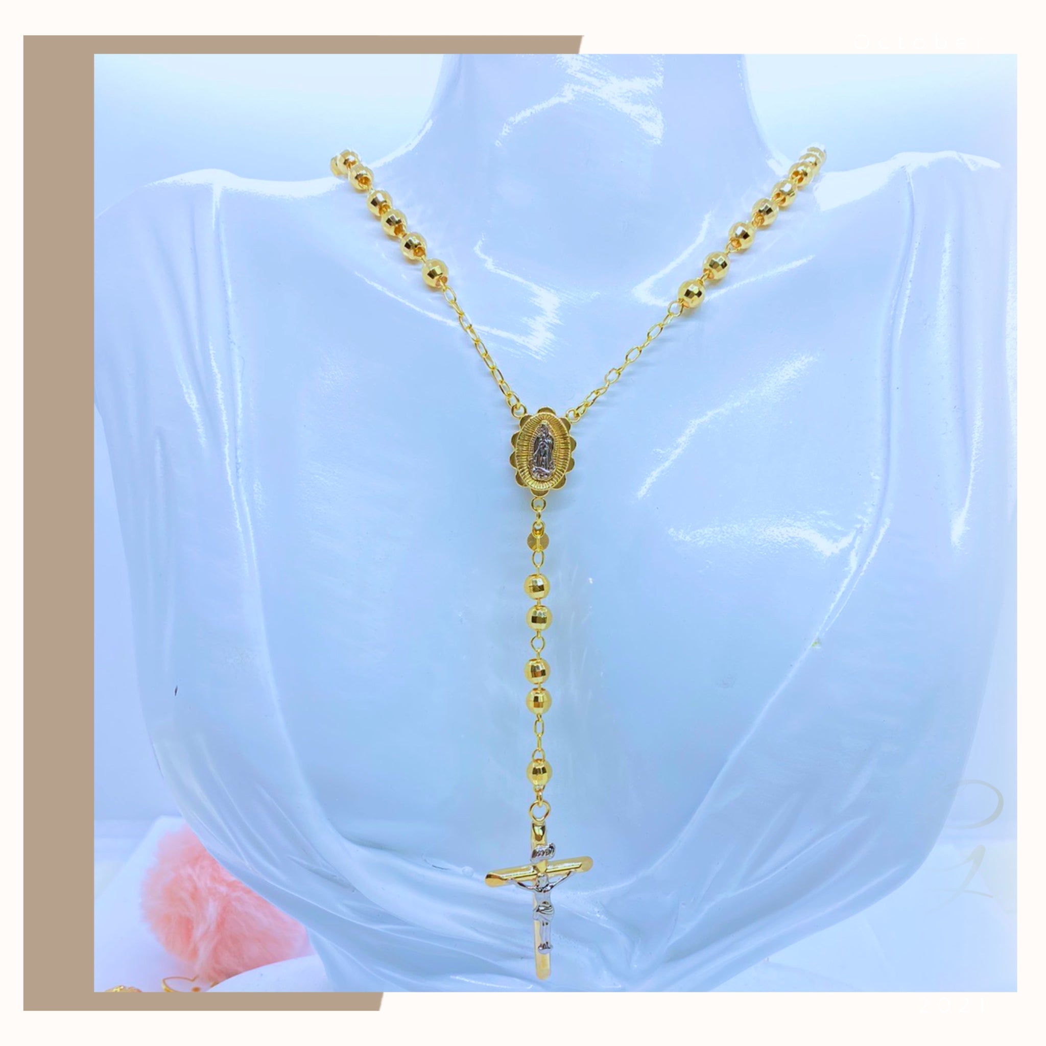Rosary Necklace in 10K Tri-Tone Gold - 17