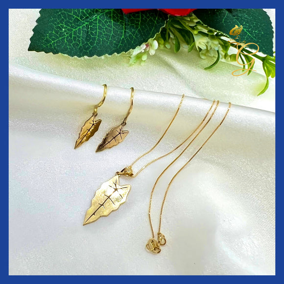 18K  Real Gold Alocasia leaf Set Of Earrings and Necklace 18”