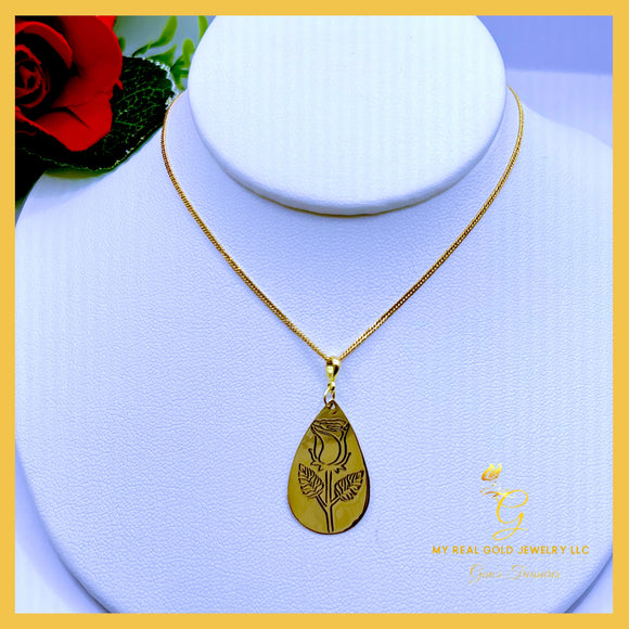 18K Real Gold Rose Tear Drop Necklace 18” ( Personalized)