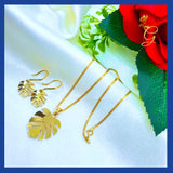 18K  Real Gold Monstera leaf Set Of Earrings and Necklace 18”