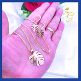 18K  Real Gold Monstera leaf Set Of Earrings and Necklace 18”
