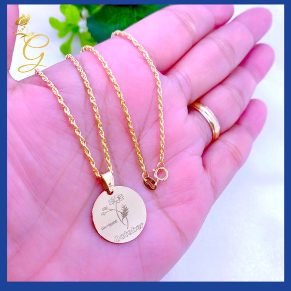 18K Real Solid Gold Birth Flower Necklace( Personalized)