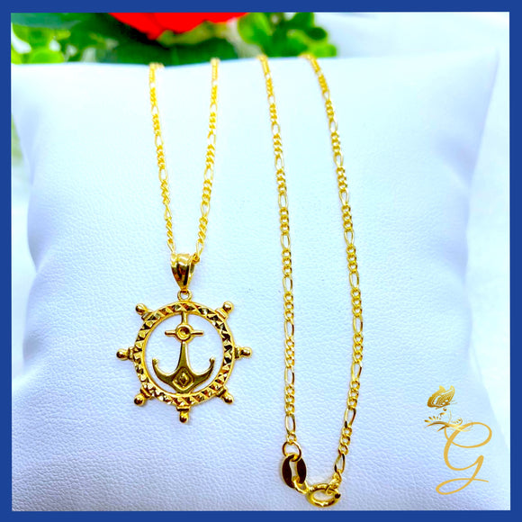 18K Real Gold Ship wheel and Anchor Necklace 18”